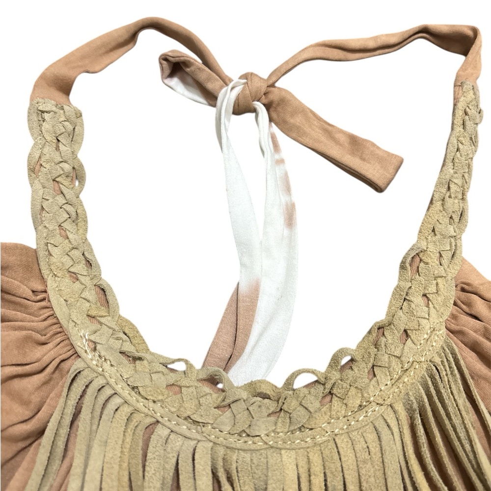 Sky Fashion Bohemian Leather Fringe Feather Tan Cream Tie-Dye Halter Top Sz S - Picture 4 of 10
